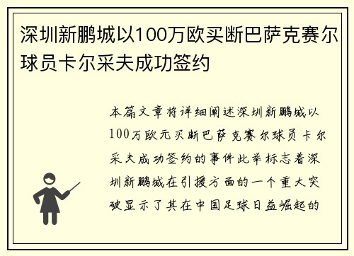 深圳新鹏城以100万欧买断巴萨克赛尔球员卡尔采夫成功签约