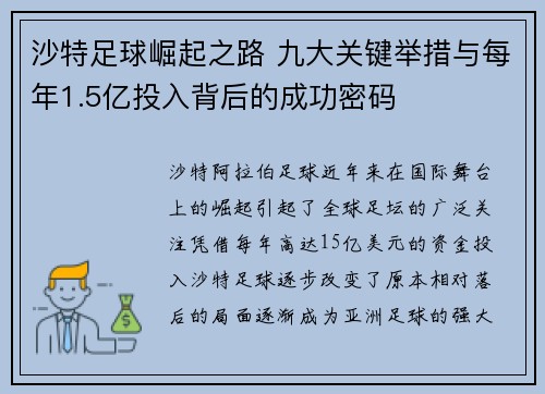 沙特足球崛起之路 九大关键举措与每年1.5亿投入背后的成功密码